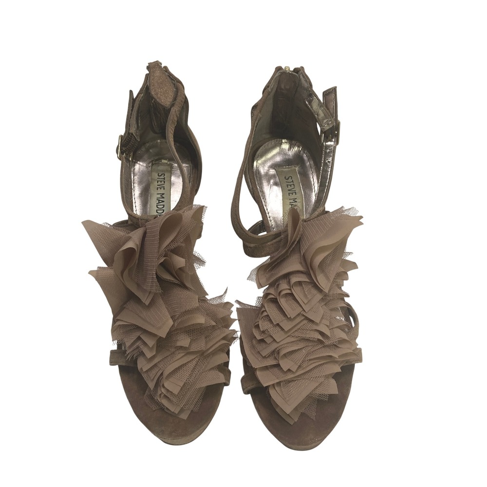 Steve Madden Vinitta Taupe Suede Tulle Ruffle Platform Stiletto Heels Mens 7.5M - Picture 2 of 16